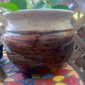 Studio Pottery Plant Holder 1977. Rustic colors. 14" X 24"